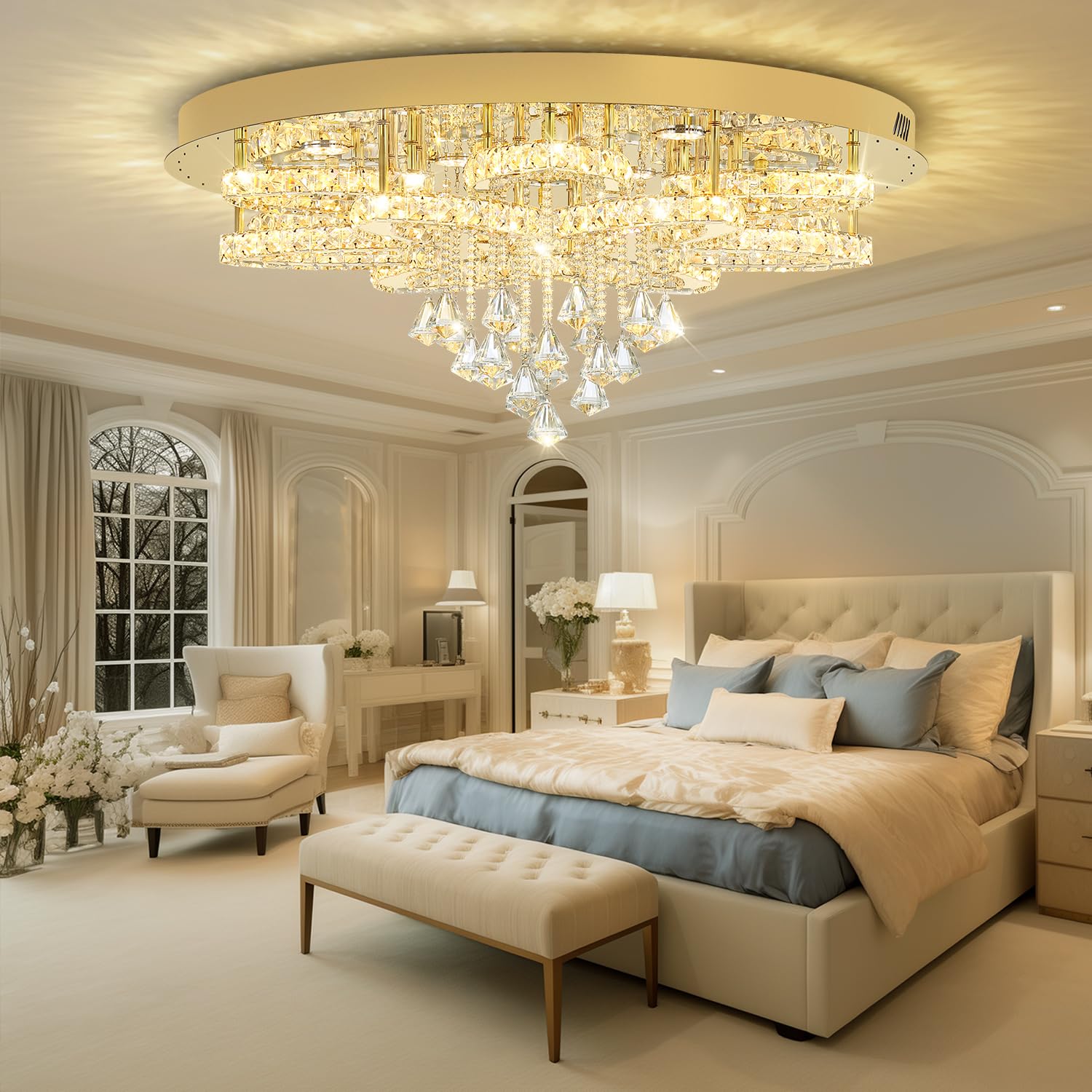 Flashing God 32'' Modern Crystal Chandeliers for Living Room Crystal Ceiling Light Fixture LED Dimmable Pendant Lighting Flush Mount Ceiling Chandelier for Dining Room Bedrooms Foyer Gold
