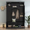 THINK 30 Modern All-in-One Hall Tree with Adjustable Shelves, Classic Arched Farmhouse Storage Bench with Dual Side Cabinets, Elegant Entryway Organizer with 7 Hooks for Mudroom, Hallway, Black