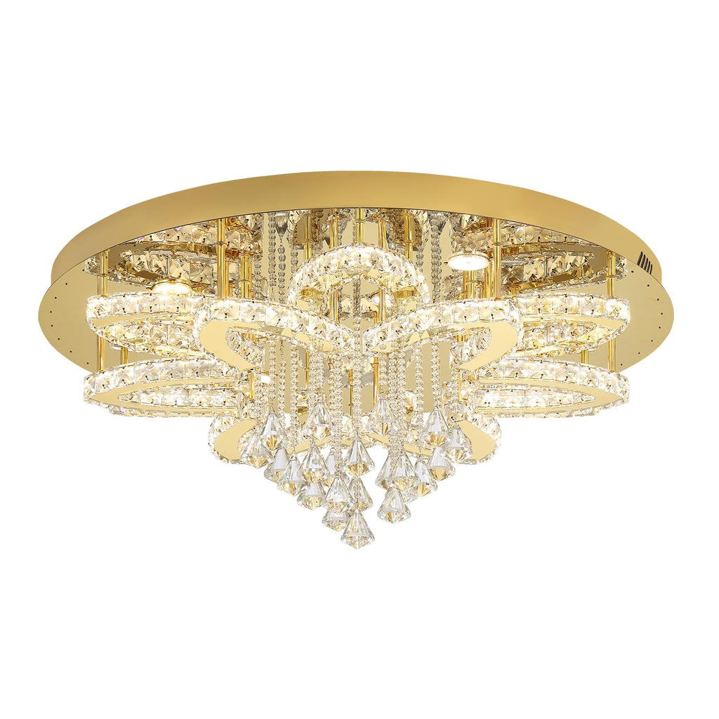 Flashing God 32'' Modern Crystal Chandeliers for Living Room Crystal Ceiling Light Fixture LED Dimmable Pendant Lighting Flush Mount Ceiling Chandelier for Dining Room Bedrooms Foyer Gold