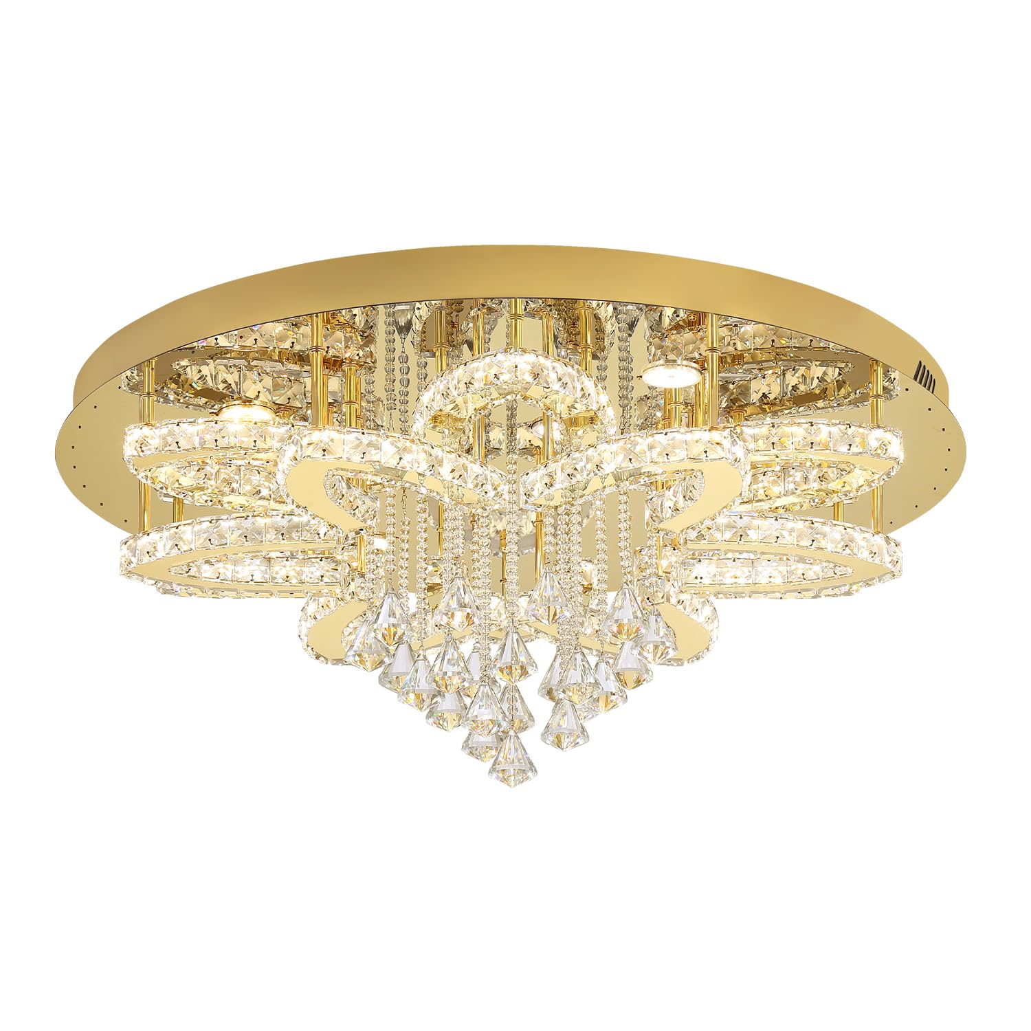 Flashing God 32'' Modern Crystal Chandeliers for Living Room Crystal Ceiling Light Fixture LED Dimmable Pendant Lighting Flush Mount Ceiling Chandelier for Dining Room Bedrooms Foyer Gold