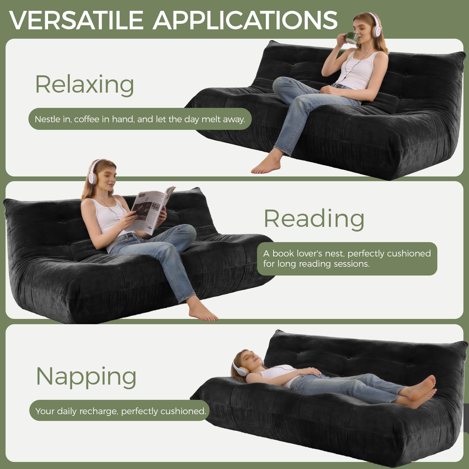 SUYOLS Bean Bag Chair, 3 Seater Fireside Chair Large Bean Bag Sofa for Adults, Memory Foam Chairs Gaming Chairs with Comfy Design & Soft Fabric, Lazy Floor Sofa for Living Room, Bedroom, Dark Gray