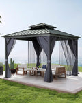 12'X12' Hardtop Gazebo, Outdoor Double Roof Galvanized Steel Gazebo, Aluminum Heavy-Duty Steel Top Canopy with Mosquito Net & Privacy Curtain for Patio, Porch, Garden, Lawn, Deck, Backyard,Gray