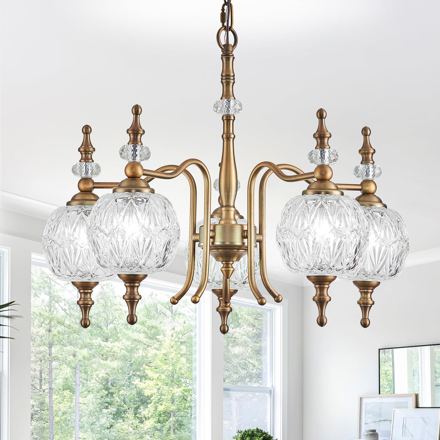 TLOLGT Chandeliers Vintage 5 Lights Brass Glass Pendant Lighting Fixtures Rustic Style Chandelier Matte Brushed Antique Brass Finish with Crystal Glass Shade for Kitchen Island Farmhouse