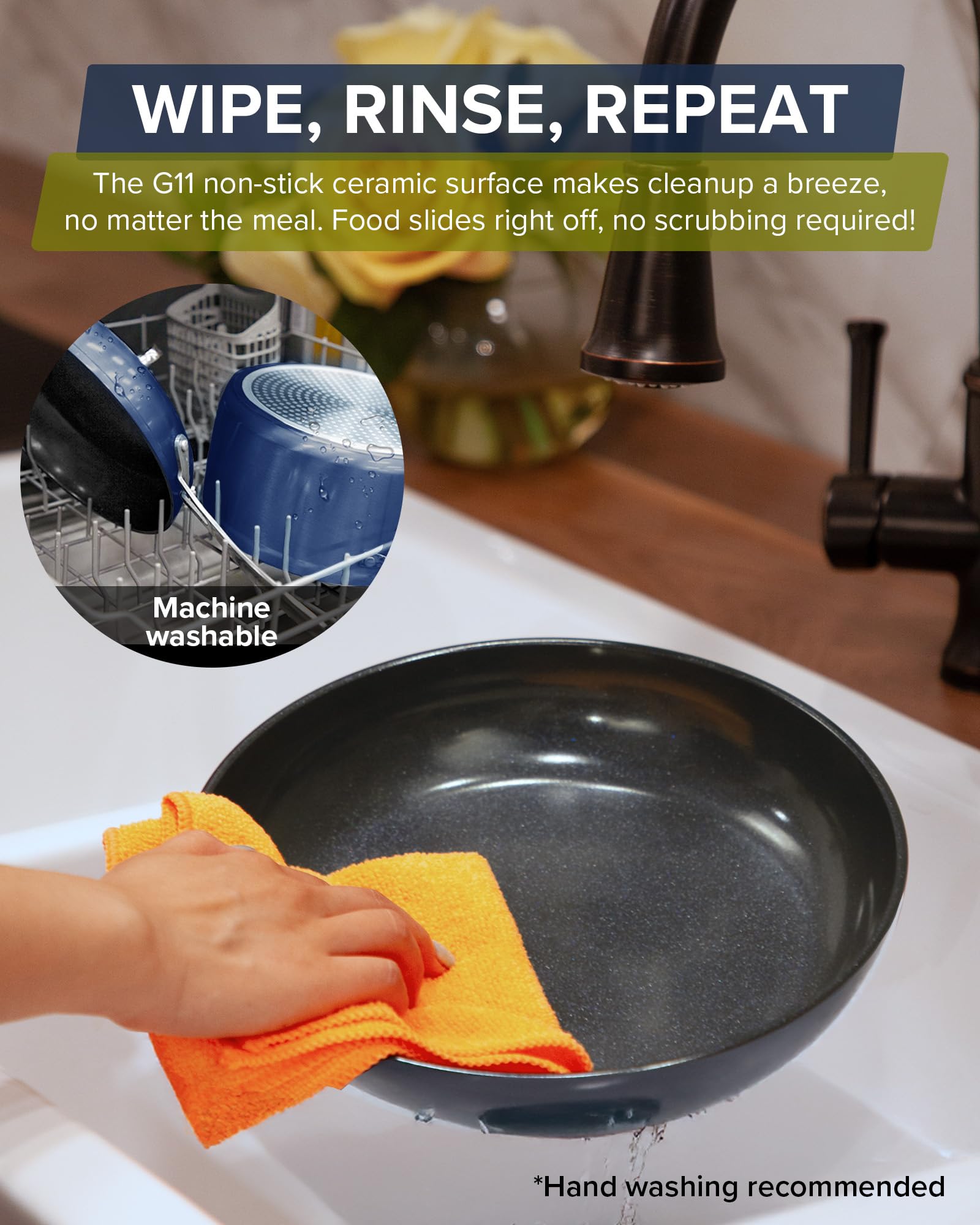 Nuwave Healthy G11-Pots and Pans Set Non Stick, 9H Near-Diamond Hardness Scratch-Resistant, Works on All Stovetops, PFAS Free, with Frying Pans, Saucepans & Glass Lids, Stay-Cool Handles, Deep Blue