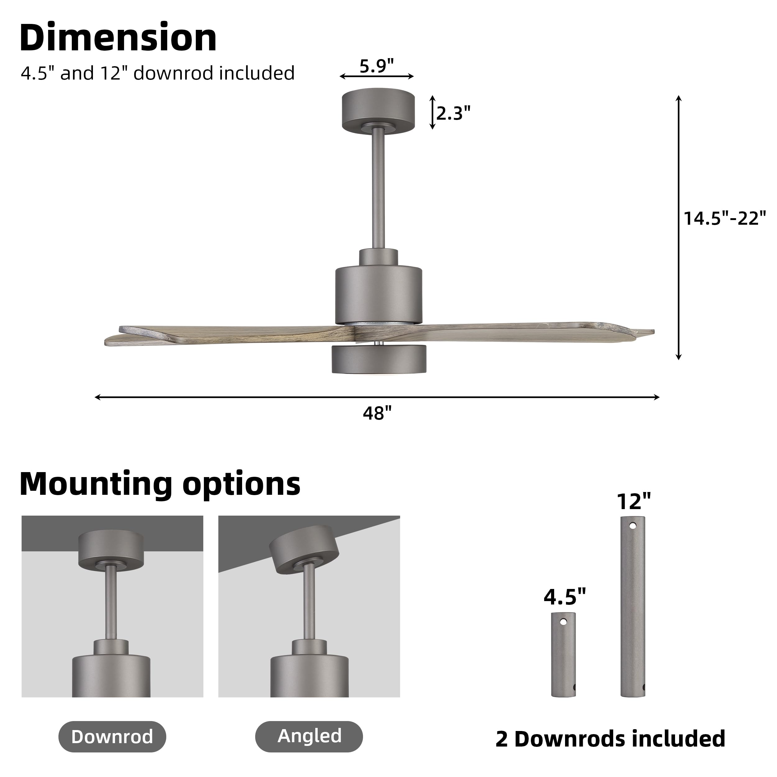 WINGBO 48 Inch DC Ceiling Fan with Lights and Remote Control, 5 Carved Solid Wood Blades, 6-Speed Noiseless Reversible DC Motor, Indoor Ceiling Fan in Graphite Finish with Gray Blades