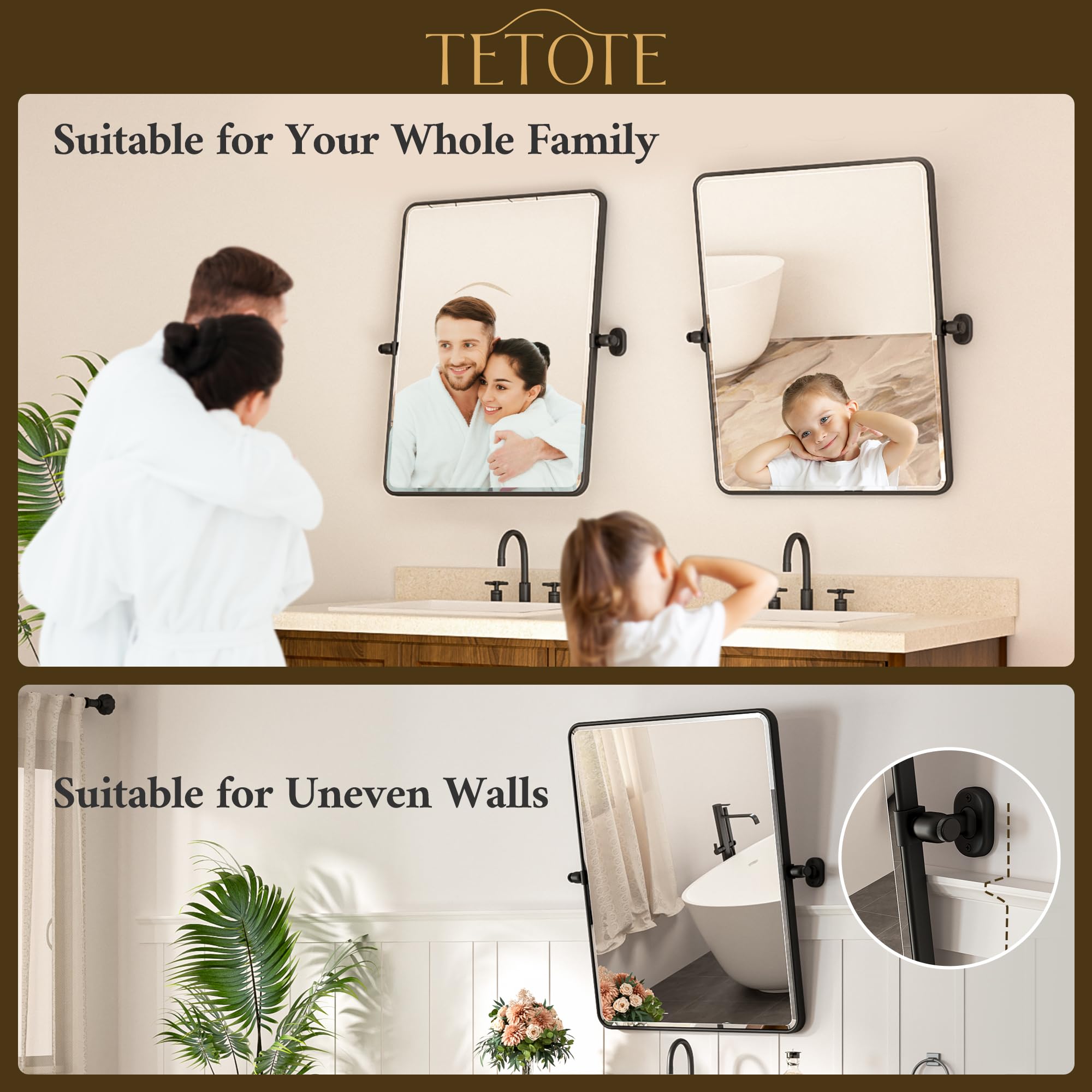 TETOTE Black Pivot Bathroom Mirror 48 x 30 Large Tilting Wall Beveled Mirror, Metal Framed Rectangle Vanity Mirror, Modern Farmhouse Adjustable Tilted Mirror, Horizontal/Vertical, Tempered Glass