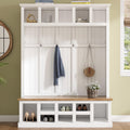 Farmhouse Wood Hall Tree with Bench and Shoe Storage, 5-in-1 Coat Rack with 6 Hooks for Entrance, Hallway White