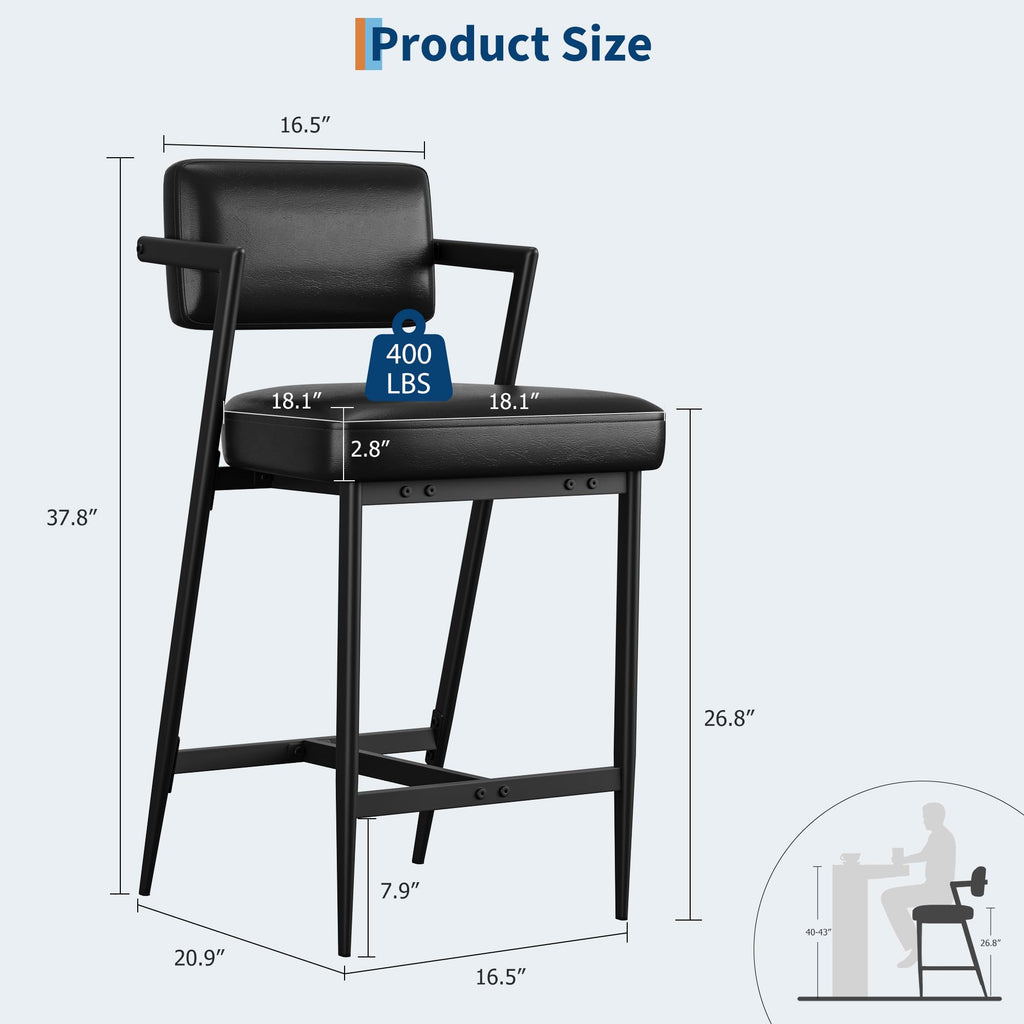 IDEALHOUSE Bar Stools Set of 4 with Armrest, Upholstered Counter Height Bar Stools with w/Backrest and Footrest, 27" Tall Bar Chairs Thick Cushion & Thickened Metal Legs, for Island