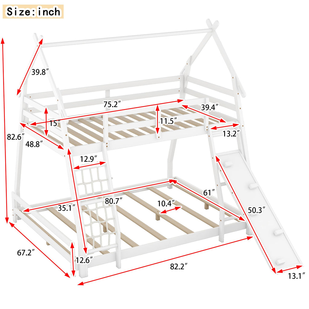 Bellemave Bunk Bed Twin Over Queen with Slides and Stairs, House Bunk Bed with Climbing Nets and Climbing Ramp for Kids, Teens, White
