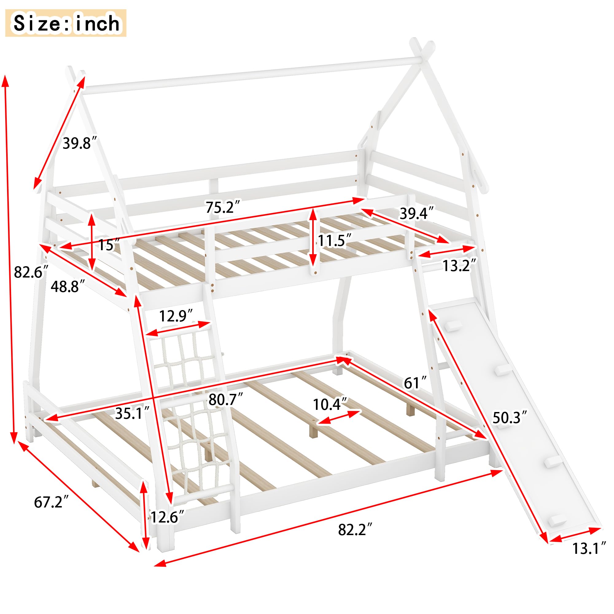 Bellemave Bunk Bed Twin Over Queen with Slides and Stairs, House Bunk Bed with Climbing Nets and Climbing Ramp for Kids, Teens, White