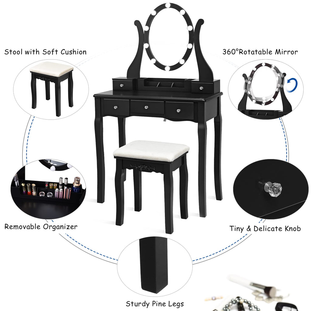 LDAILY Vanity Set with 10 Dimmable LED Bulbs, Vanity Desk with Rotating Lighted Mirror, Cushioned Stool & 5 Drawers, Modern Easy Assembly Bedroom Dressing Table for Girls Women (Black)
