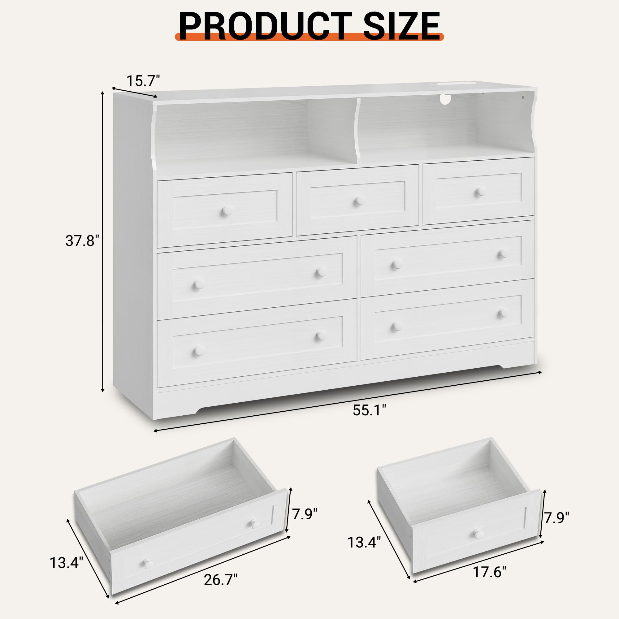 IDEALHOUSE Dresser for Bedroom with 7 Drawers, LED Lights & Charging Station, Wooden Chest with 2 Open Compartments, Freestanding Storage Organizer for Closet, Nursery, Entryway, White