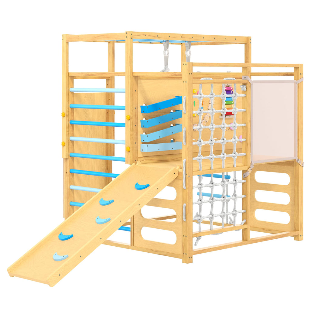 Garvee 9-in-1 Indoor Jungle Gym, Montessori Wooden Indoor Playground for Kids 2-8, Wooden Climbing Structure with Slide, Monkey Bars, Rope Ladder, Rock Wall, Climbing Net, Rings - Natural Wood Blue