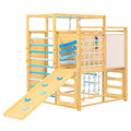 Garvee 9-in-1 Indoor Jungle Gym, Montessori Wooden Indoor Playground for Kids 2-8, Wooden Climbing Structure with Slide, Monkey Bars, Rope Ladder, Rock Wall, Climbing Net, Rings - Natural Wood Blue