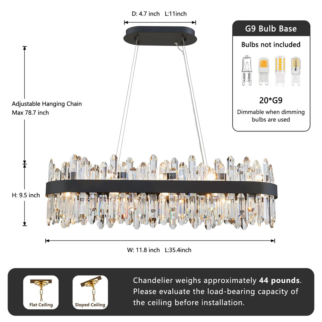 DUNFIZZ Modern Rectangular Crystal Chandelier, 20-Lights Black Raindrop Chandelier Lighting Contemporary Pendant Ceiling Light Fixture for Dining Room Living Room Kitchen Island L35.4''