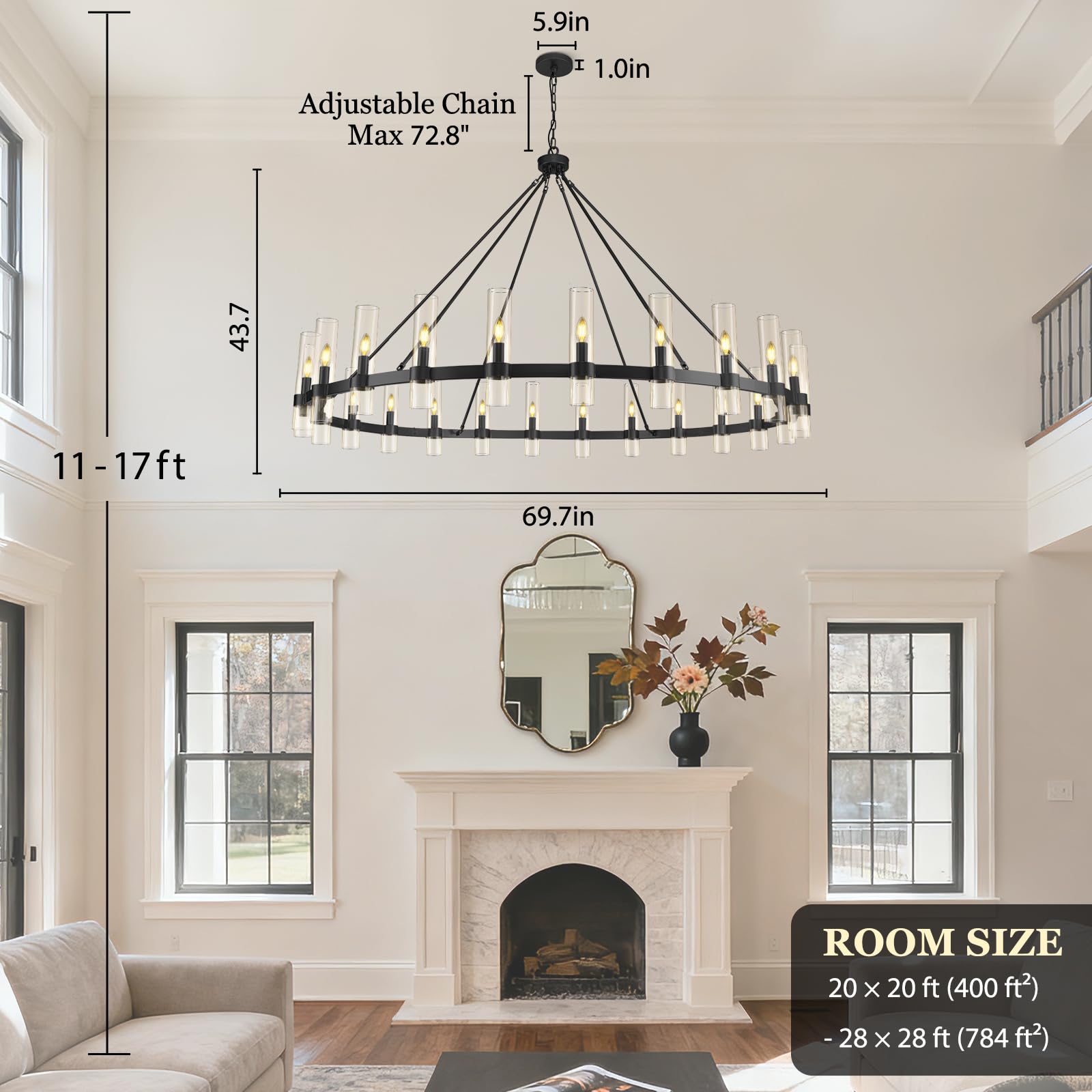 Black Wagon Wheel Chandelier 70 Inch, Large Chandeliers for High Ceilings, 24-Light Chandelier with Glass Shade, Modern Farmhouse Chandeliers for Living Room, Dining Room and Foyer(24 Bulbs Included)