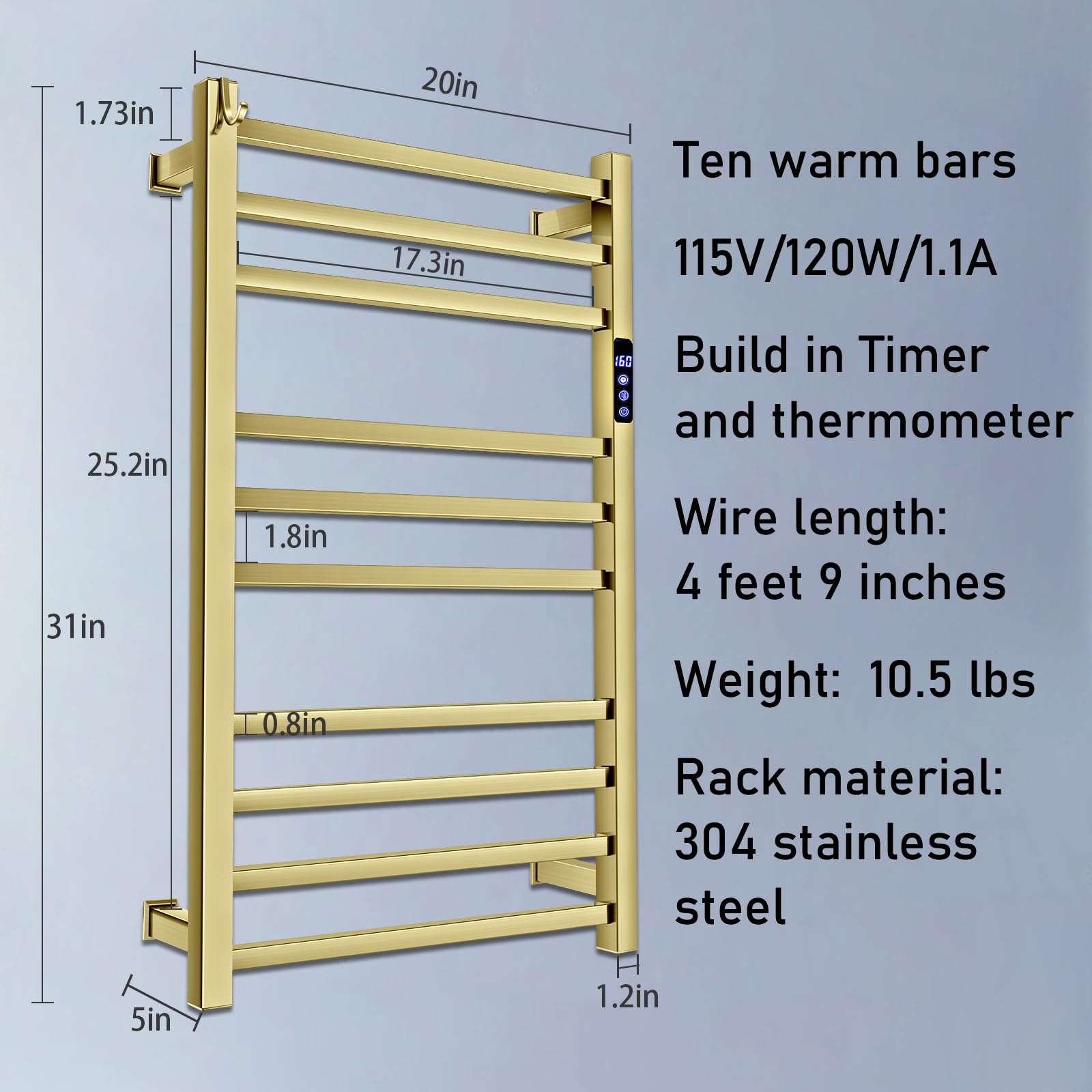 XBVV Towel Warmer Rack for Bathroom with Timer/Fahrenheit Temperature Control Wall Mounted Electric Heated 10 Bar Rail Plug-in or Hardwired Keep Bath Shower Towel Warming (Brushed Gold)