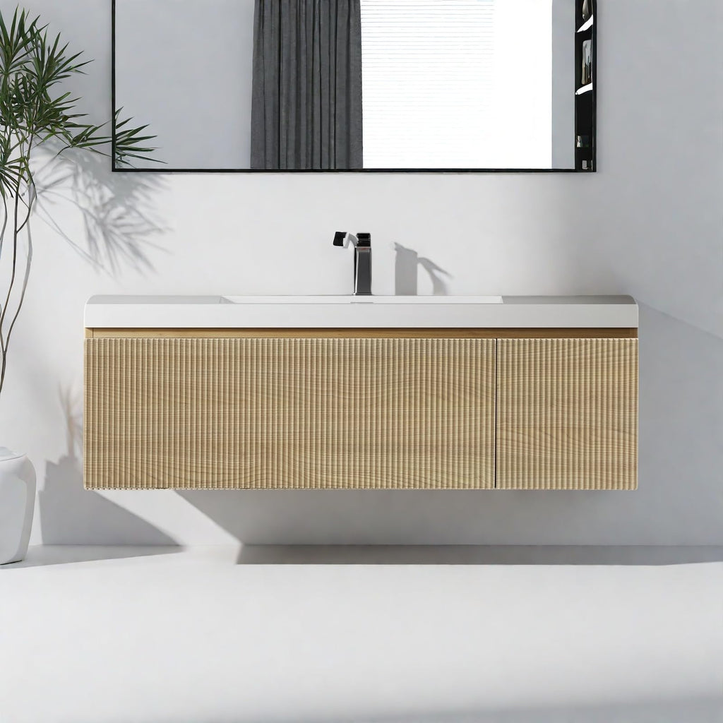 Trygoal Wall Mounted Bathroom Sink Vanity, Modern 48" Floating Vanity with Resin Basin, U-Shaped Soft-Close Storage Drawer & Side Door, Striped Bathroom Storage Cabinet with Invisible Handle, Wood