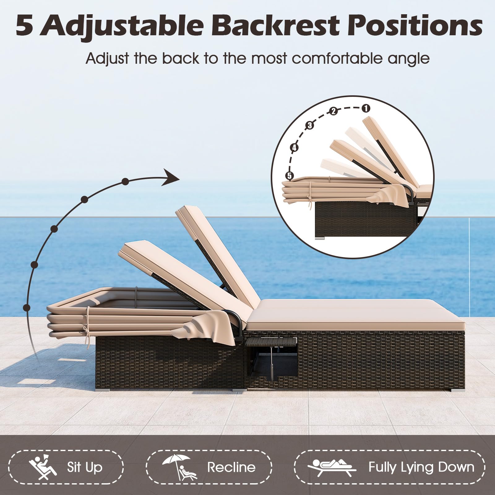 HAPPYGRILL Outdoor Rattan Daybed with Retractable Canopy, 2-Person Lounge Bed with 5-Position Adjustable Backrest, Foldable Side Shelves, Patio Double Sunbed Conversation for Yard Porch