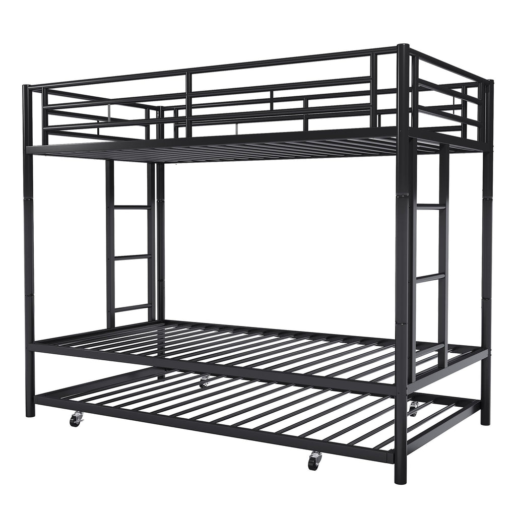 SUNLEI Metal Bunk Beds with Double Secured Ladders, Twin Bunk Bed with Surrounded Safety Guardrails, Space Saver Twin Beds, Noise Free for Small Bedroom, with Trundle Function, Solid Black