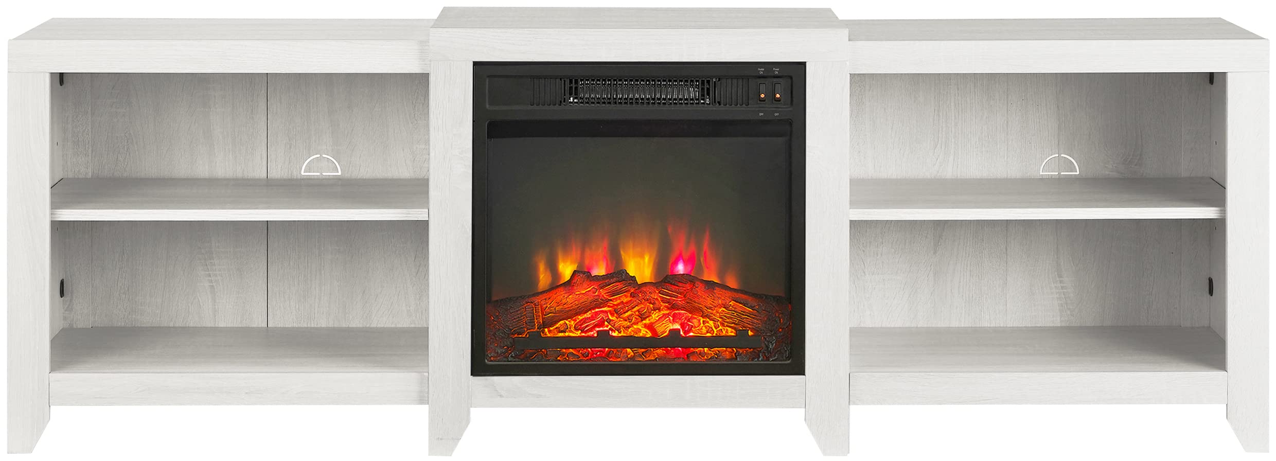Crosley Furniture Ronin Low Profile Fireplace TV Stand for 75+ inch TVs, Entertainment Center with Shelves, Whitewash