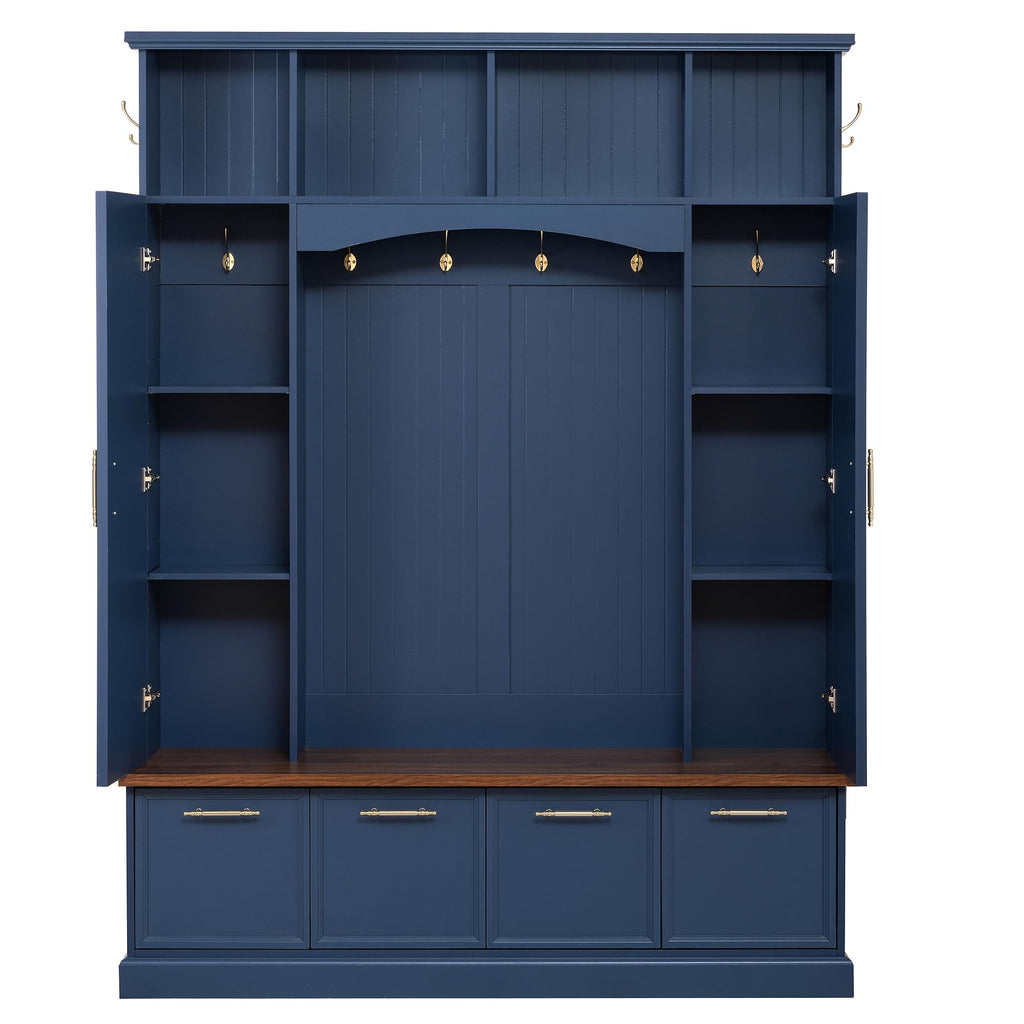 Merax 59" Farmhouse Hall Tree with Golden Hooks & Walnut Bench, Entryway Organizer with Adjustable Shelves, Shoe Storage, Anti-Tip for Mudroom, Living Room, Blue