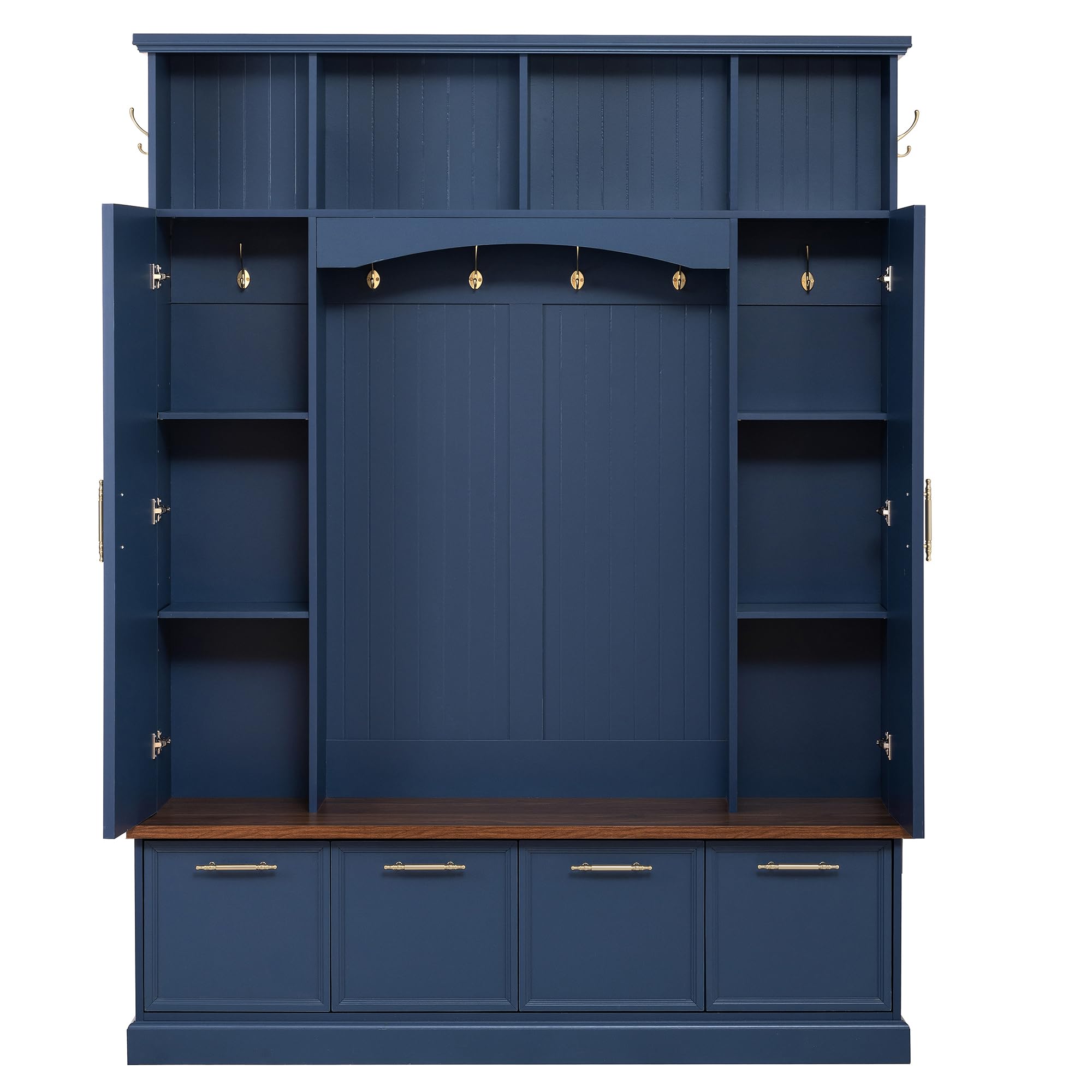 Merax 59" Farmhouse Hall Tree with Golden Hooks & Walnut Bench, Entryway Organizer with Adjustable Shelves, Shoe Storage, Anti-Tip for Mudroom, Living Room, Blue