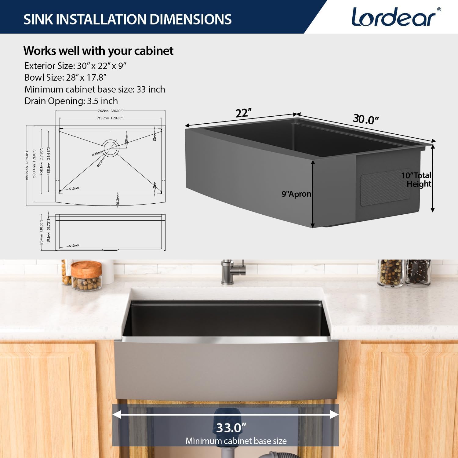 30 Black Farmhouse Sink - Lordear 30 inch Farm Kitchen Sink Workstation Apron Front 16-Gauge Gunmetal Black Stainless Steel Single Bowl Deep Kitchen Farmer Sinks, 9" Apron Height
