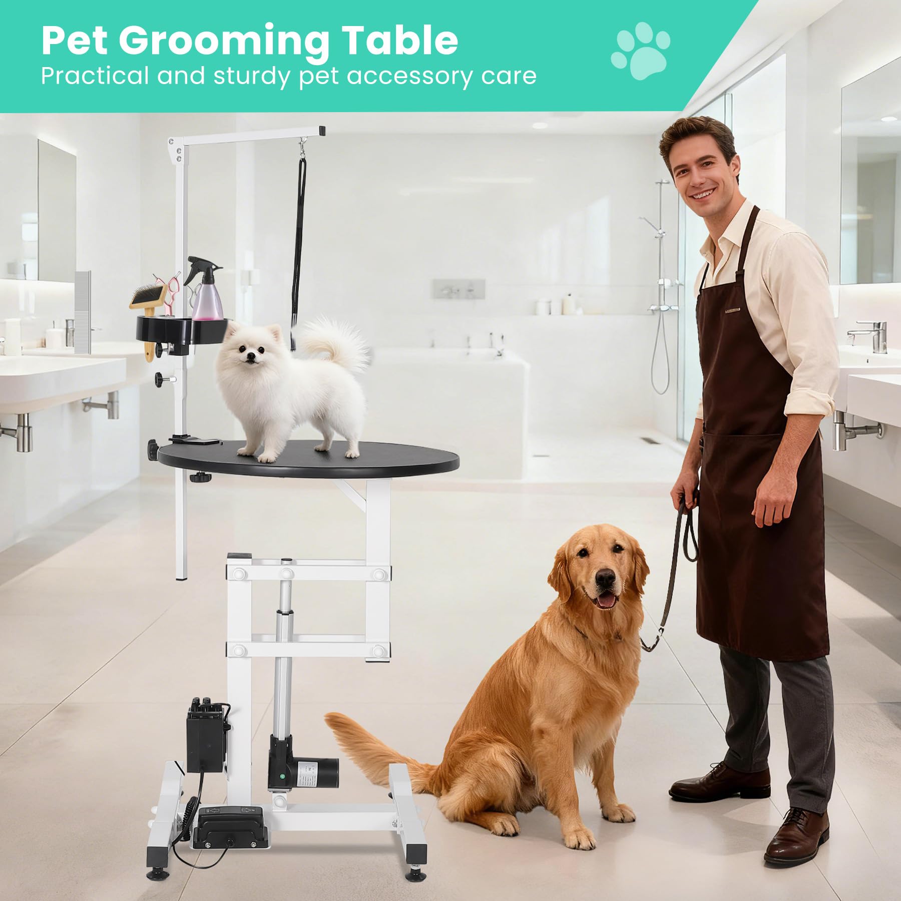 ActiveTrail Electric Hydraulic Lift Dog Grooming Table – 24 Inch Rotating Desktop, Overhead Arm, Foot Remote, Tool Organizer, 250LBS Capacity – Ideal for Small Pets