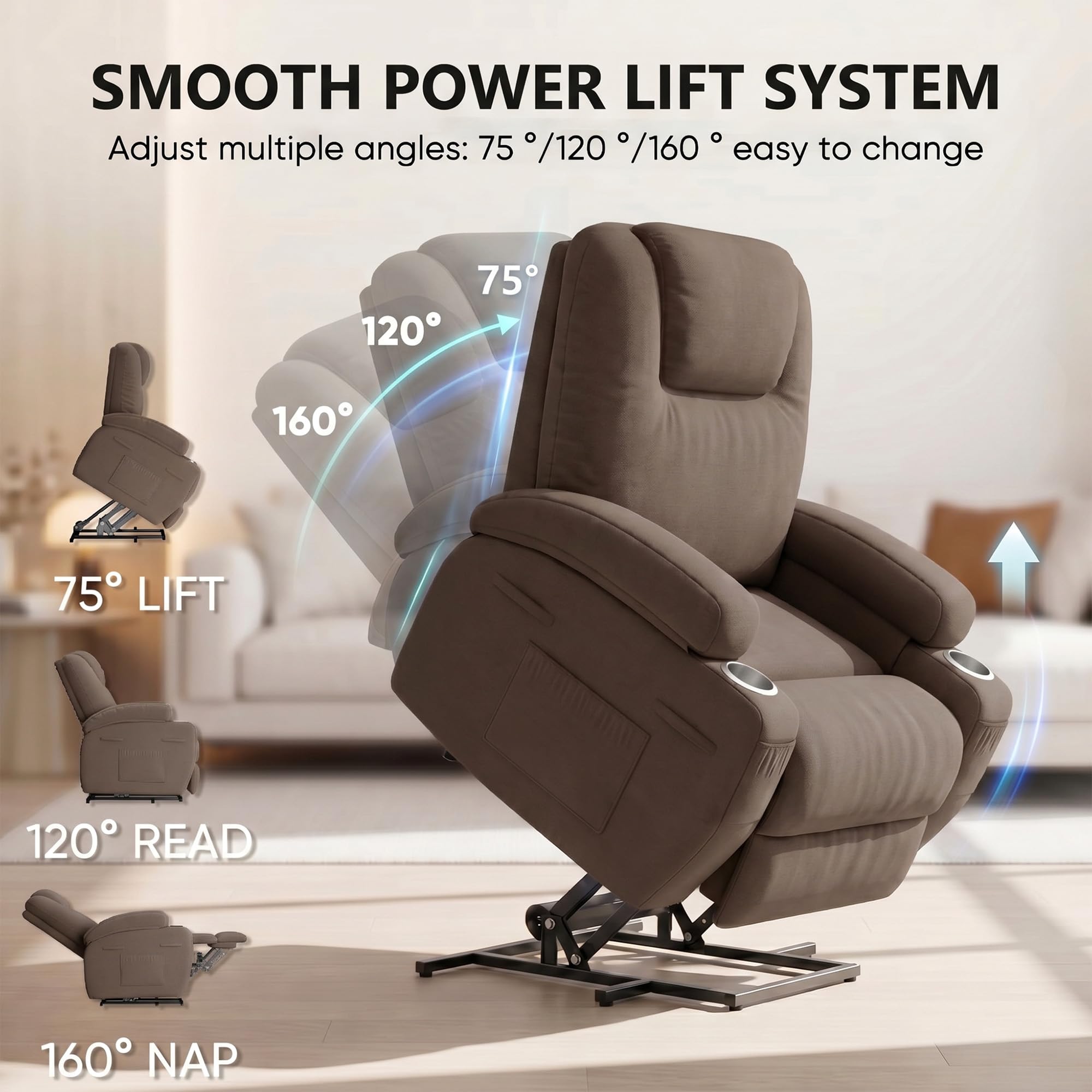 Flamaker Power Lift Chair Massage Recliner Chairs for Elderly - Ergonomic Design with Cup Holders & Side Pockets, Remote Control (Dark Brown)