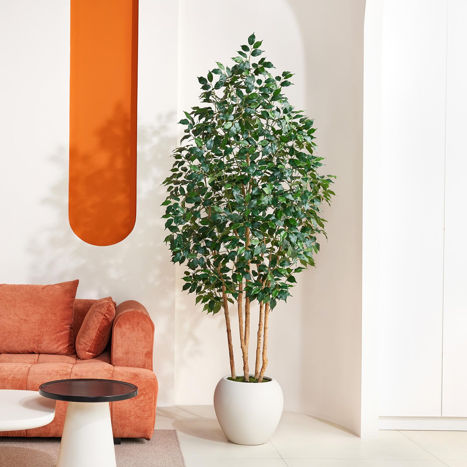 VeriNatural 7FT Artificial Ficus Tree with White Planter - Realistic Faux Ficus Tree with 1500+ Silk Leaves, 4 Real Wood Trunks,Tall Fake Plant for Indoor Living Room, Office, Home Decor (84")