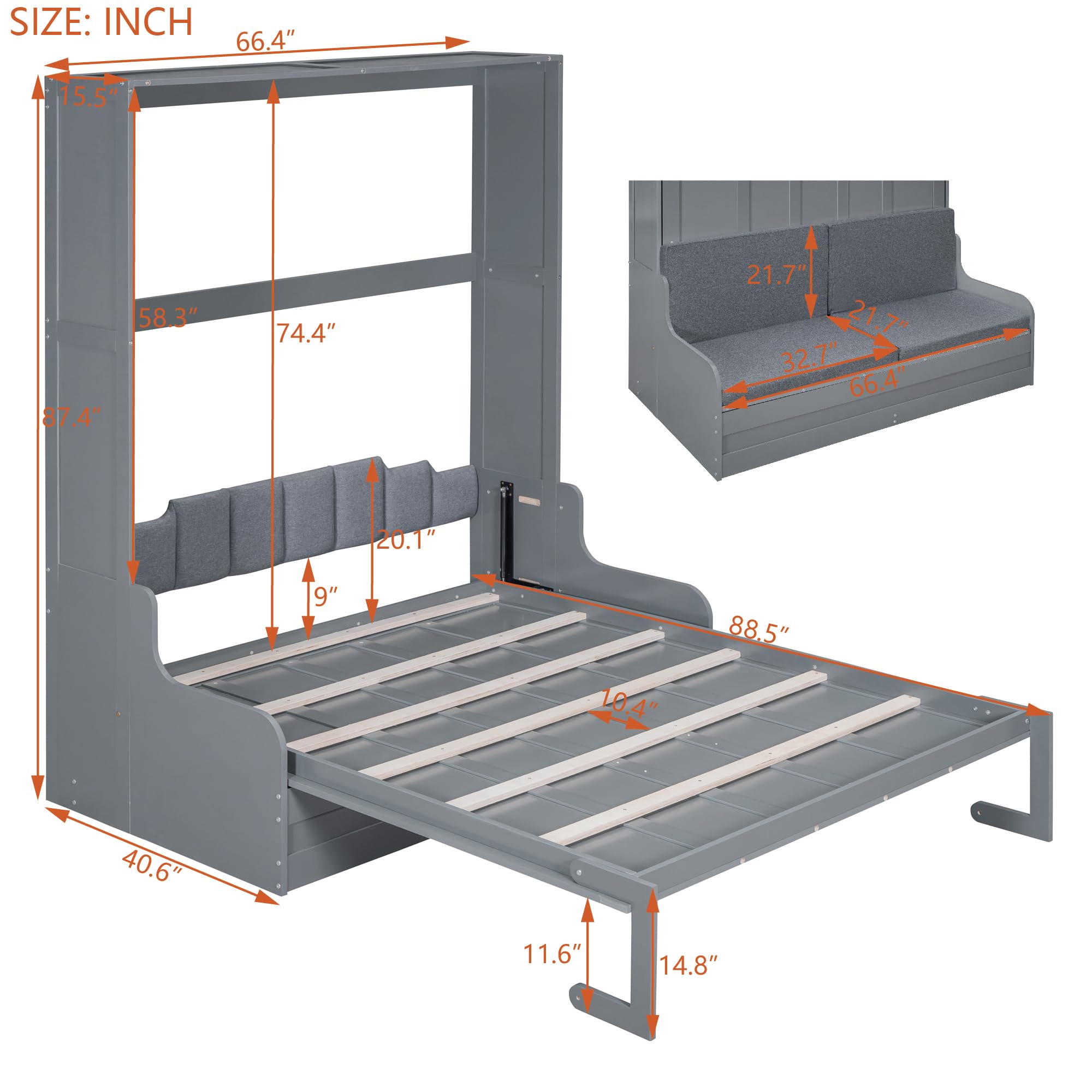 Merax Queen Size Murphy Bed Frame, Modern Wall Bed Can Be Folded into Cabinet, Chair with Cushion, Gray
