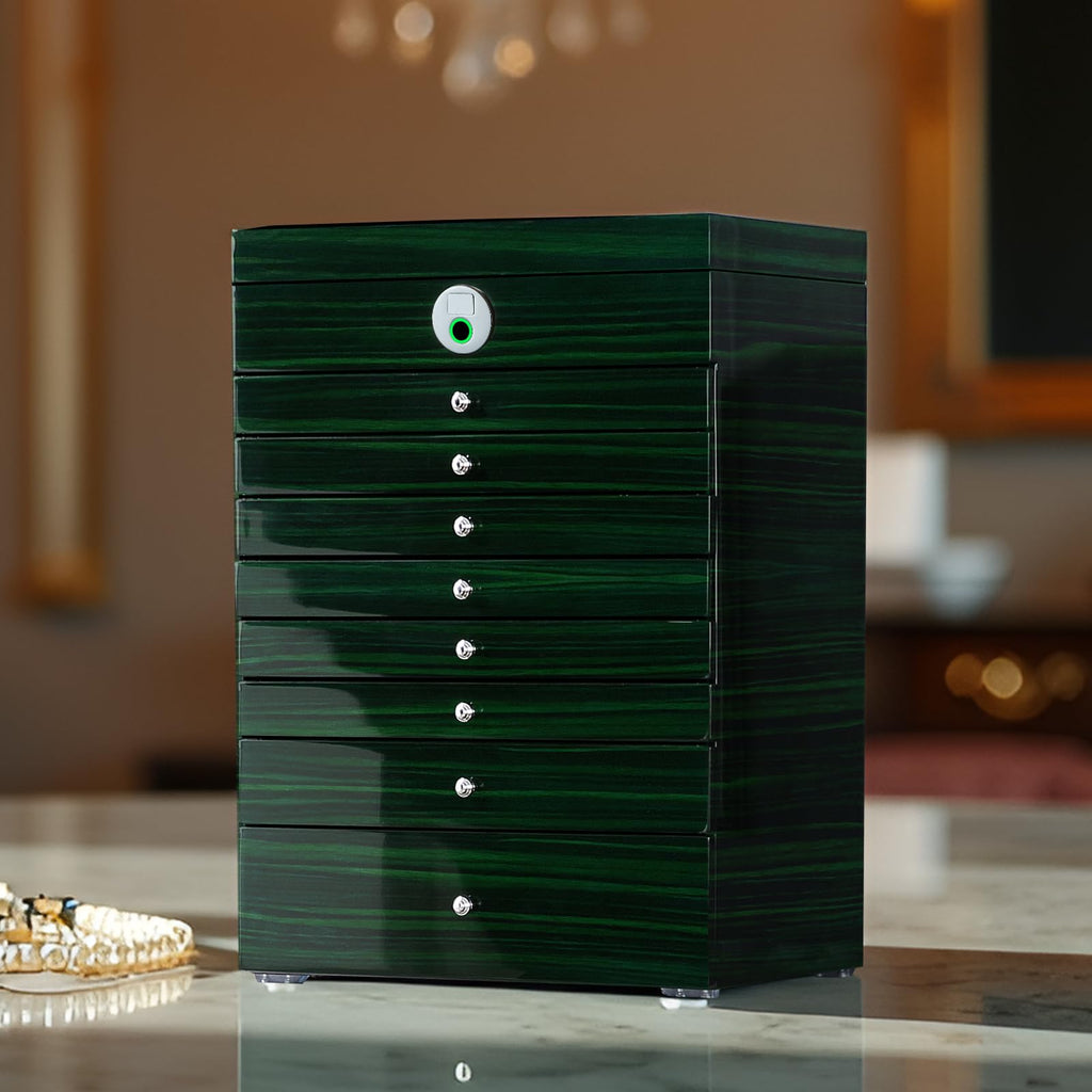 SYENS Wooden Jewelry Box Fingerprint Lockable 9-Layers Extra Large Capacity Jewelry Cabinet for Necklace/Rings/Pendants/Bracelets/Watches/Sunglasses Storage&Organizer Women Gifts (Greenwood)