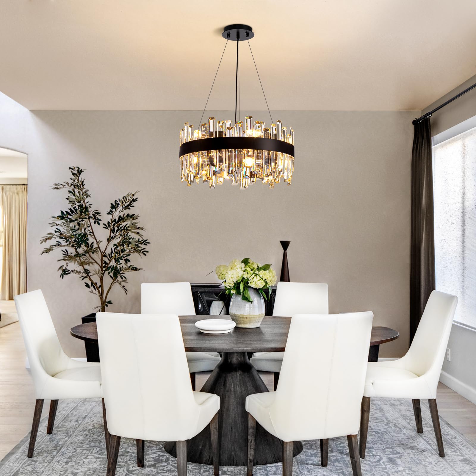 Siljoy Black Crystal Chandelier for Dining Room, Modern 2-Tiers K9 Crystal Raindrop Chandelier 12 Lights Farmhouse Pendant Ceiling Light for Living Room Kitchen Island Entry Foyer D19.7''