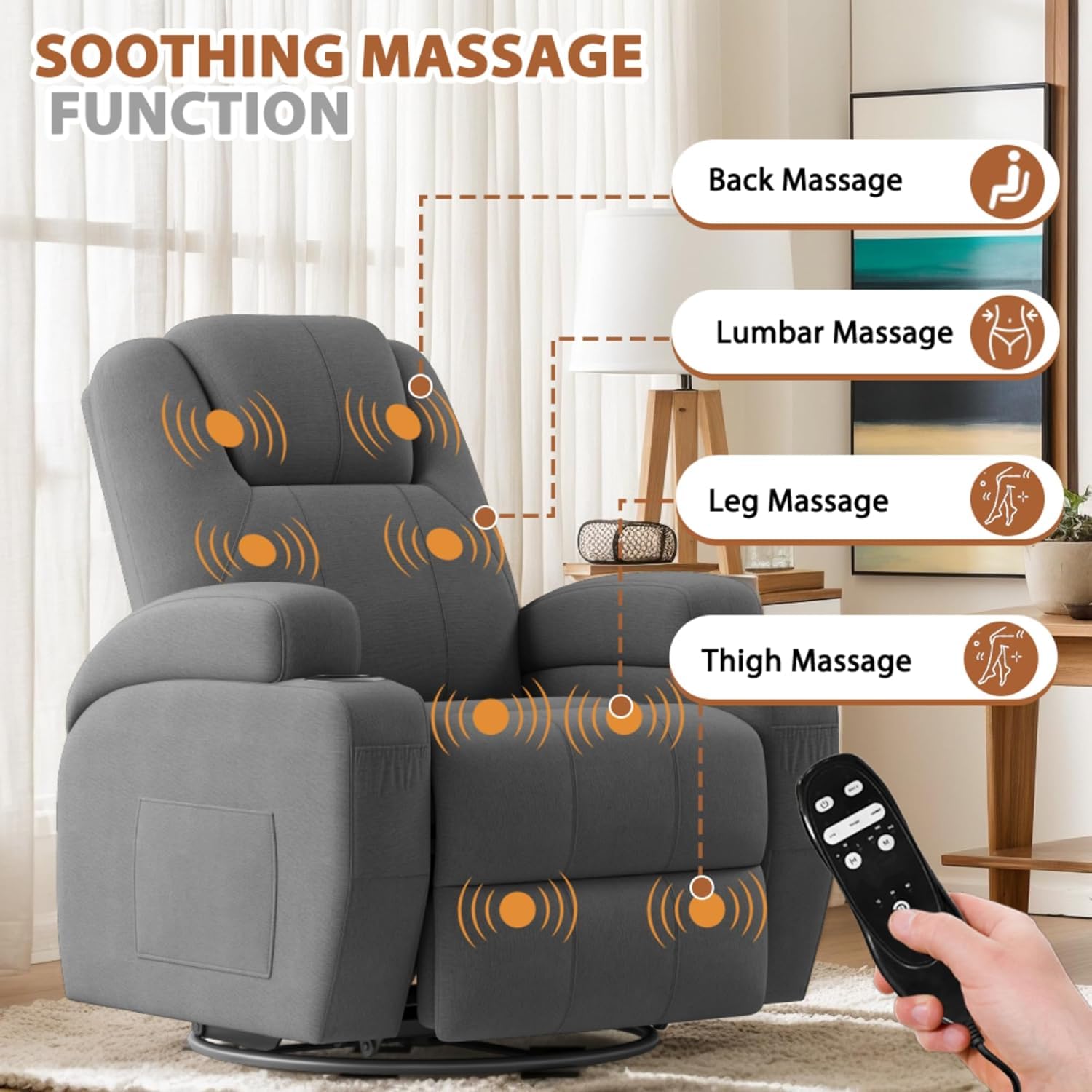 Flamaker Swivel Rocker Recliner Chair with Vibration Massage, 360° Swivel Recliner Chairs for Adults Ergonomic Lounge Chair with Cup Holders Lazy Boy Recliner Single Sofa Seat (Fabric, Gray)