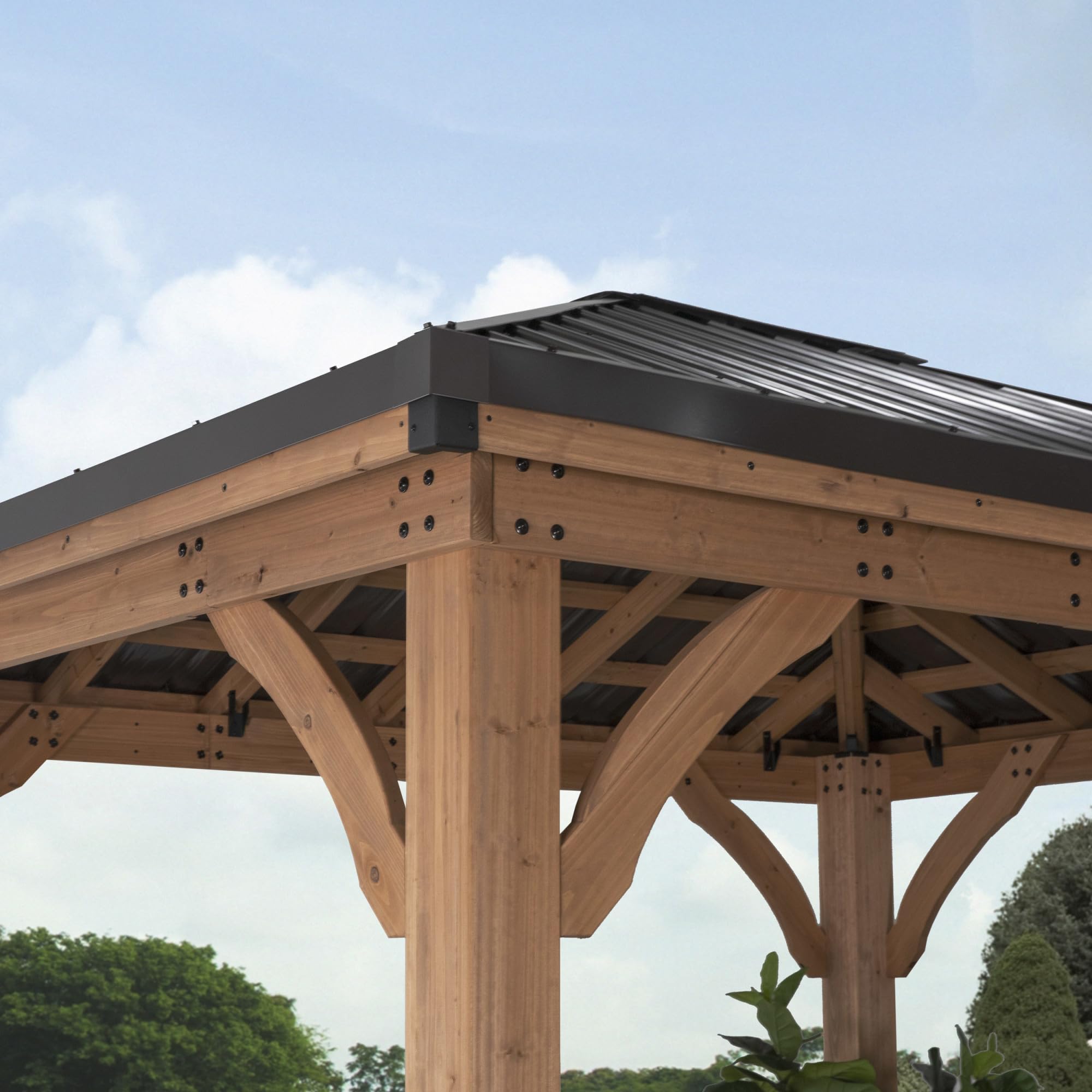 Backyard Discovery Barrington 12' x 12' Cedar Wood Outdoor Gazebo Pavilion with Hardtop Galvanized Steel Hip Roof, Snow Support, Wind Resistance, PowerPort, Shade for Garden, Patio, Deck, Entertaining