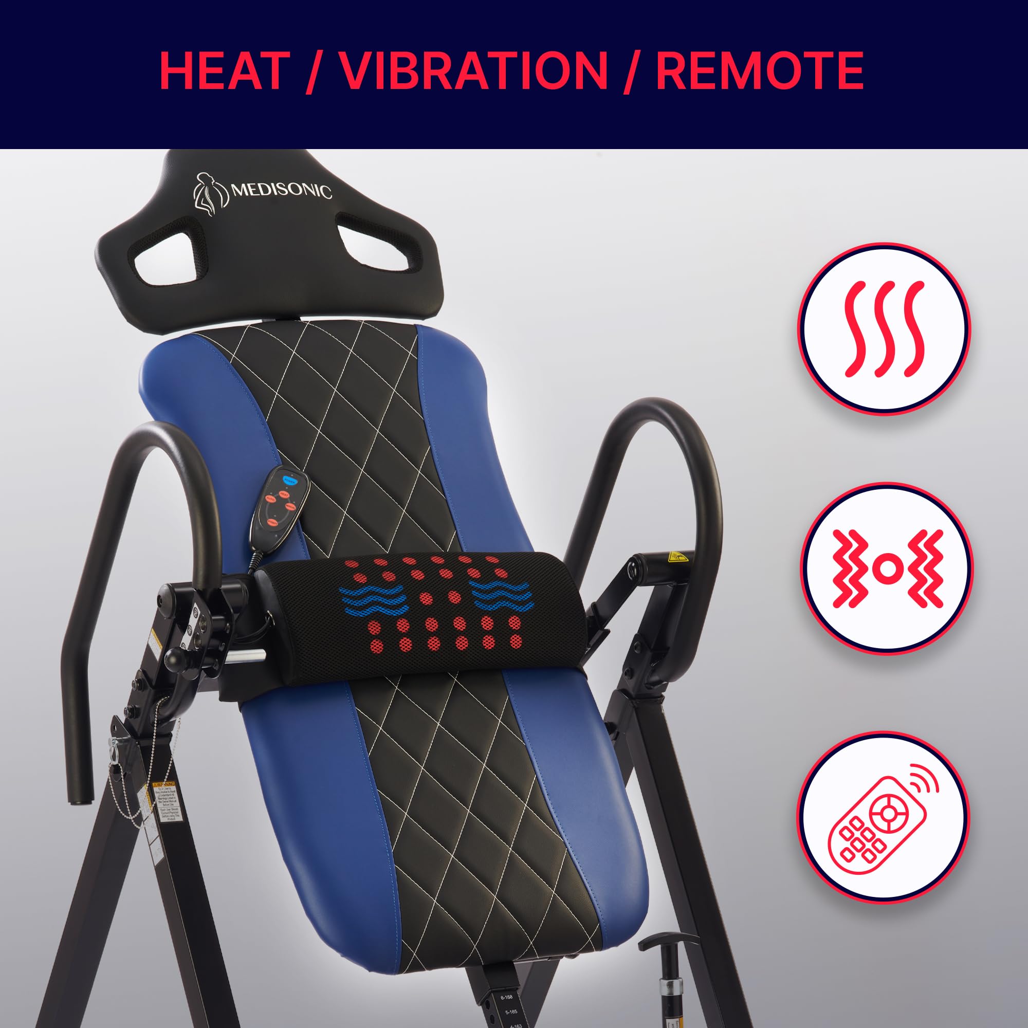 MediSonic Pro Inversion Table with Adjustable Heat & Vibrating Massage Lumbar Pad, Diamond-Stitched Comfort Backrest, Multiple Inversion Angles, 300 lb Capacity, Home Use, Blue