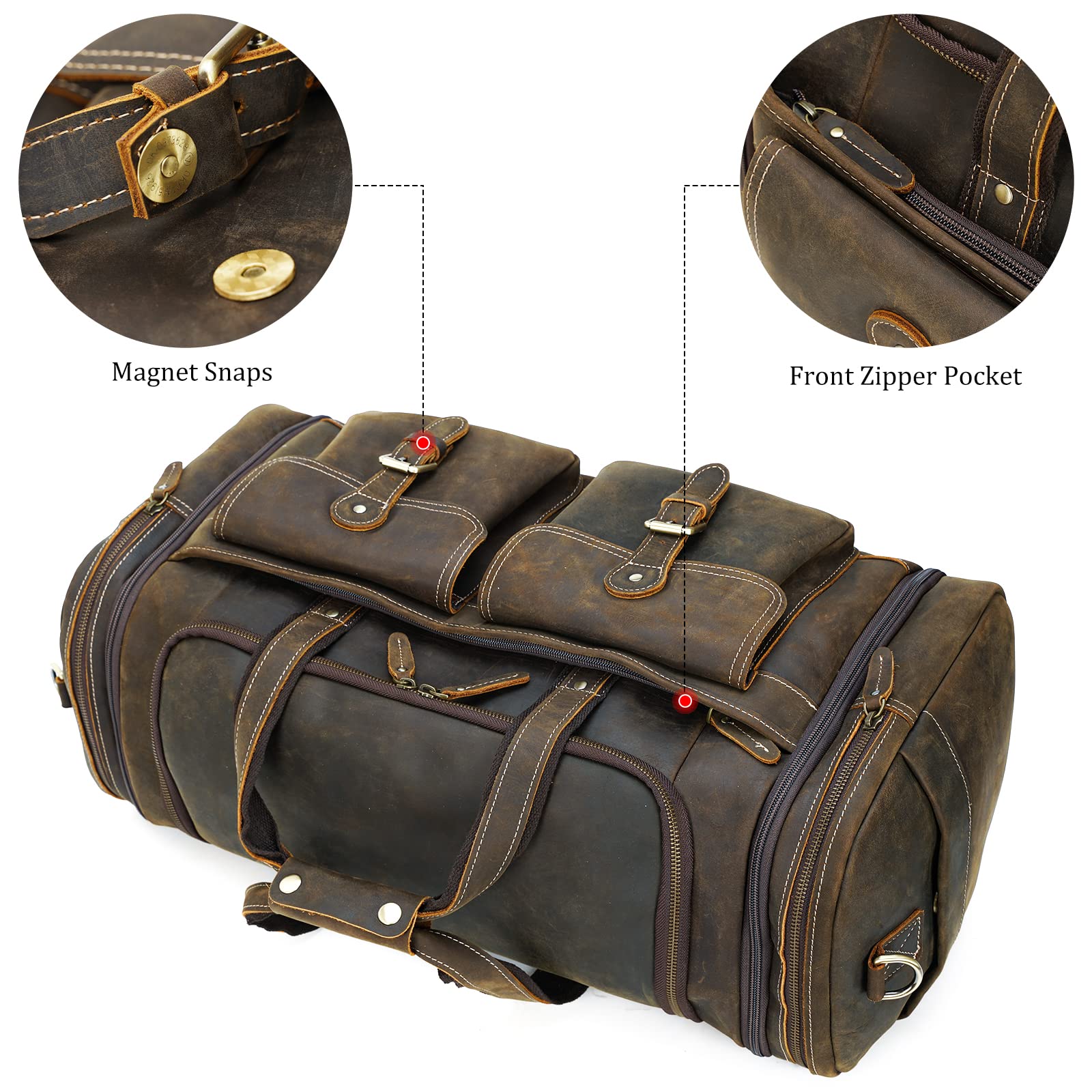 Polare 23" Expandable to 29'' Duffel Retro Thick Full Grain Cowhide Leather Gym Weekender Overnight Luggage Bag For Men