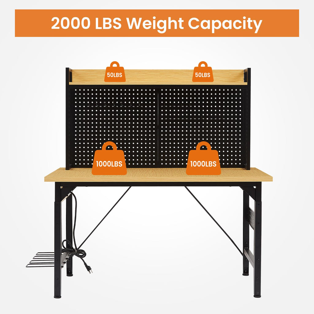 KEIKI 48 Inch Adjustable Workbench with Pegboard and Outlets, Heavy Duty Rolling Work Bench with Wheels, Wooden Desktop Shelf Hooks, 2000 lbs Capacity for Garage Workshop Home, Yellow Black