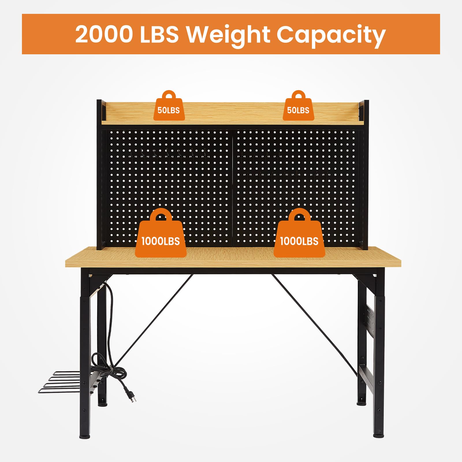 KEIKI 48 Inch Adjustable Workbench with Pegboard and Outlets, Heavy Duty Rolling Work Bench with Wheels, Wooden Desktop Shelf Hooks, 2000 lbs Capacity for Garage Workshop Home, Yellow Black