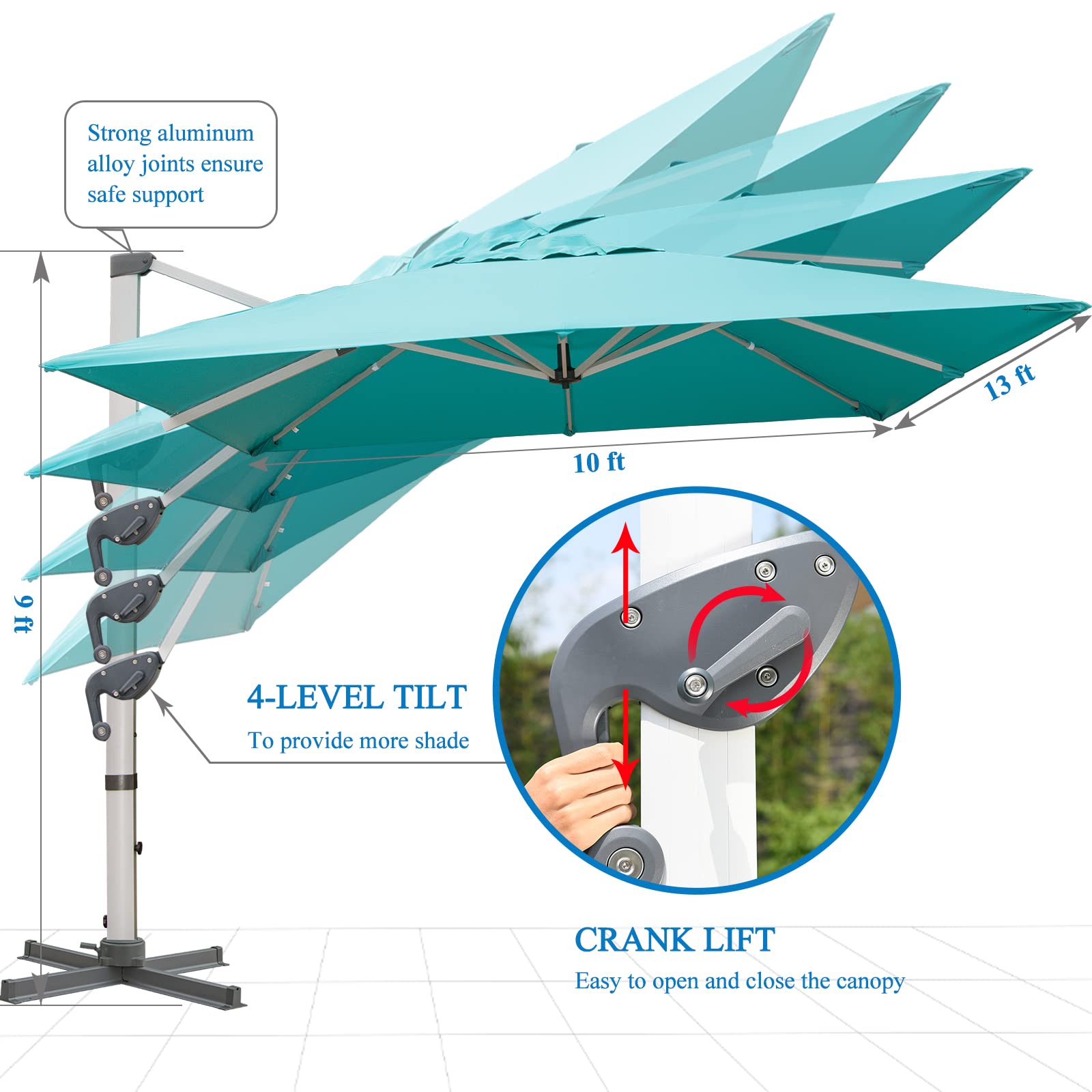 LKINBO 10x13 FT Rectangle Cantilever Umbrella with Cross Base, Heavy Duty Large Patio Umbrella 360 Degree Rotation Outdoor Offset Umbrella with Easy Tilt & Crank for Pool Deck Backyard, Turquoise