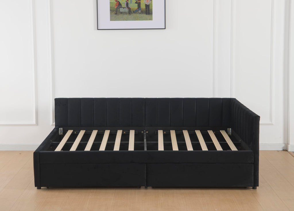 GDFStudio Twin Size Daybed with Trundle, Upholstered Platform Bed Frame with LED Light, Storage Shelves, USB Charging Station, Velvet Twin Bed Frame with Slat Support, No Box Spring Needed, Dark Grey