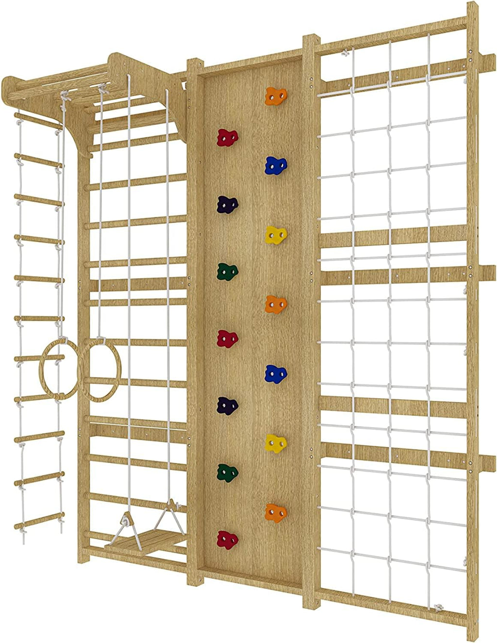 Avenlur Walnut 9-in-1 Swedish Ladder Wall Gym Set - 78.8 Inches - Trapeze Swing, Rope Ladder, Rock Wall, Rope Wall, Rock Ramp Climber, Slide, Pull-up Bar, Ladder and Swing