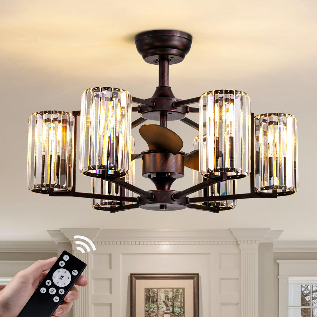 MOOONICHE 27" Crystal Chandelier Ceiling Fan 6-Light Vintage Flush Mounted Fandelier Reddish Brown Ceiling Fans with Lights and Remote for Bedroom Dining Living Room Kitchen Farmhouse Entry
