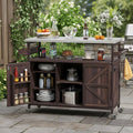 Merax 50" Outdoor Kitchen Grill Cart Island on Wheels with Stainless Steel Top,Farmhouse Style Solid Wood Frame Storage Cabinet for Backyard