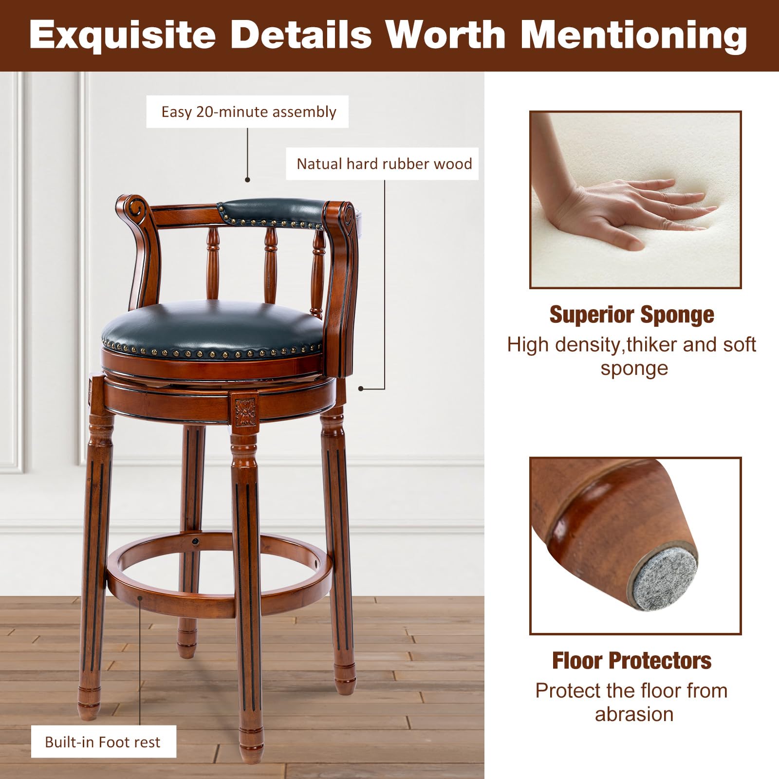 CozyRain Bar Stools Modern Swivel Barstools,Kitchen Counter Genuine Leather Upholstered Island Barstool with Footrest for Home Kitchen Dining Room (Navy, Seat Height 29.5 in)