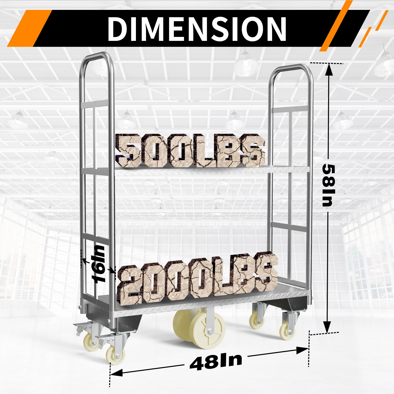 Two Tier U-Boat Platform Truck Cart, 16 x 48Inch Narrow Aisle Flatbed Truck w/6PCS Wheel Caster 2500LBS Weight Capacity Heavy Duty Platform Dolly with Removable Handles for Warehouse, Storage Room