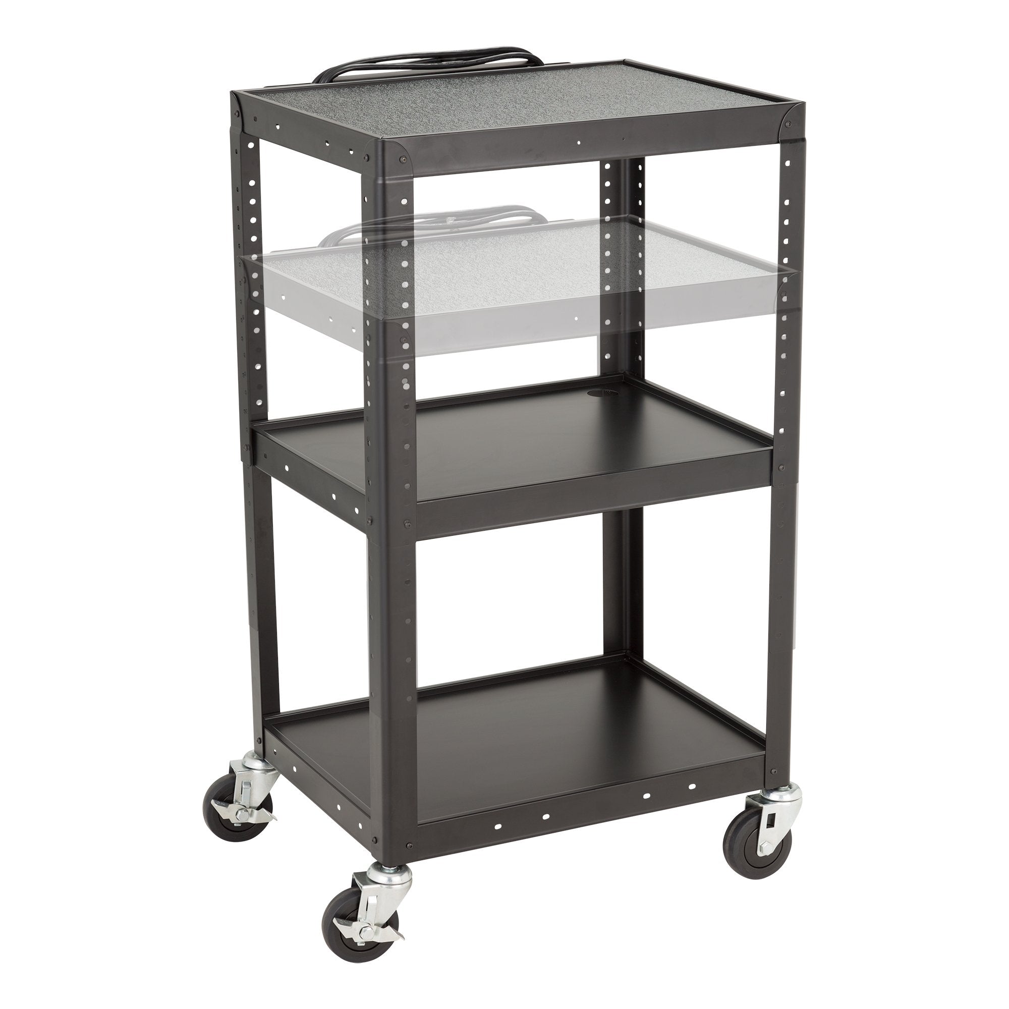 Norwood Commercial Furniture Adjustable Height Metal AV Cart with Electric Power Cord, Black