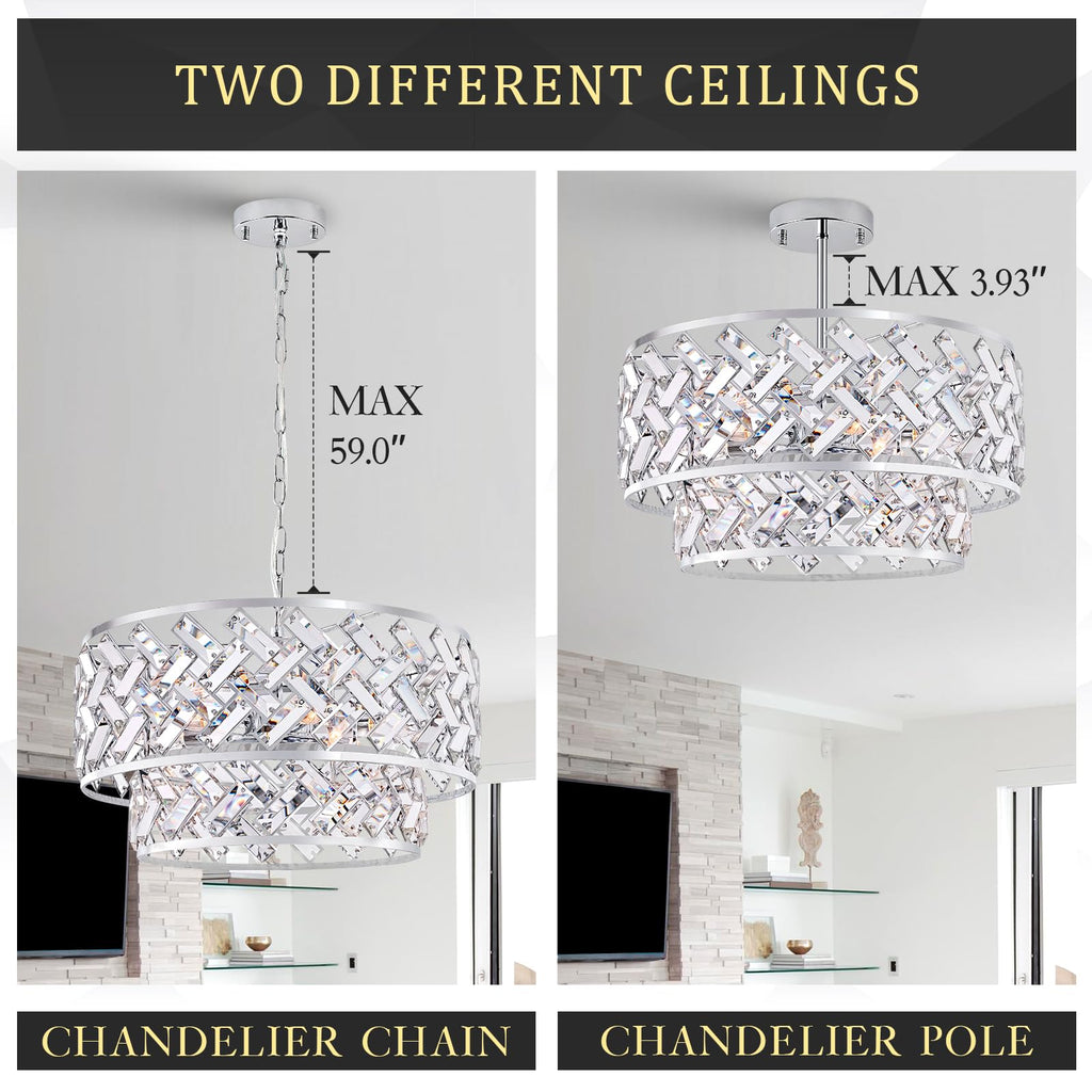 20'' Modern 6-Light Chrome Crystal Pendant Chandelier, Luxury Round Semi Flush Mount Ceiling Light for Living Room, Dining Room, Kitchen, Foyer, Bedroom