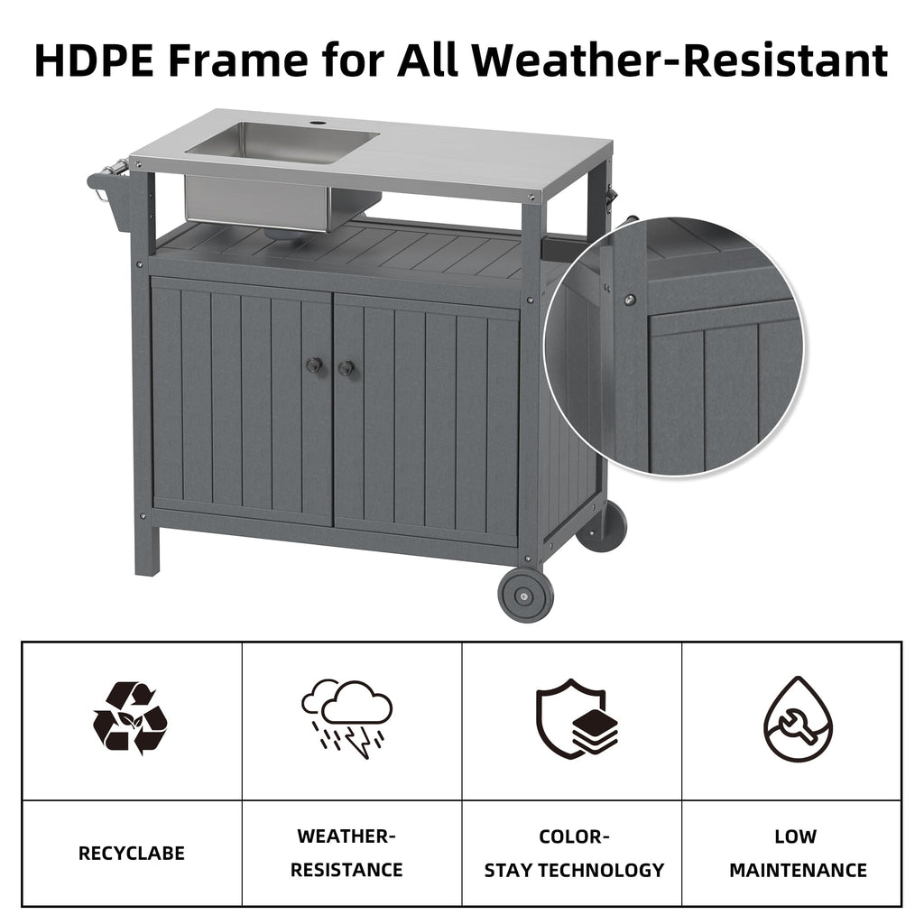 TORVA All in One Outdoor Grill Cart with Sink,Cabinet and Cover, 42 inch Freestanding Modular Kitchen Sink Station in 304 Stainless Steel&HDPE, All Weather Use BBQ Table, Grey
